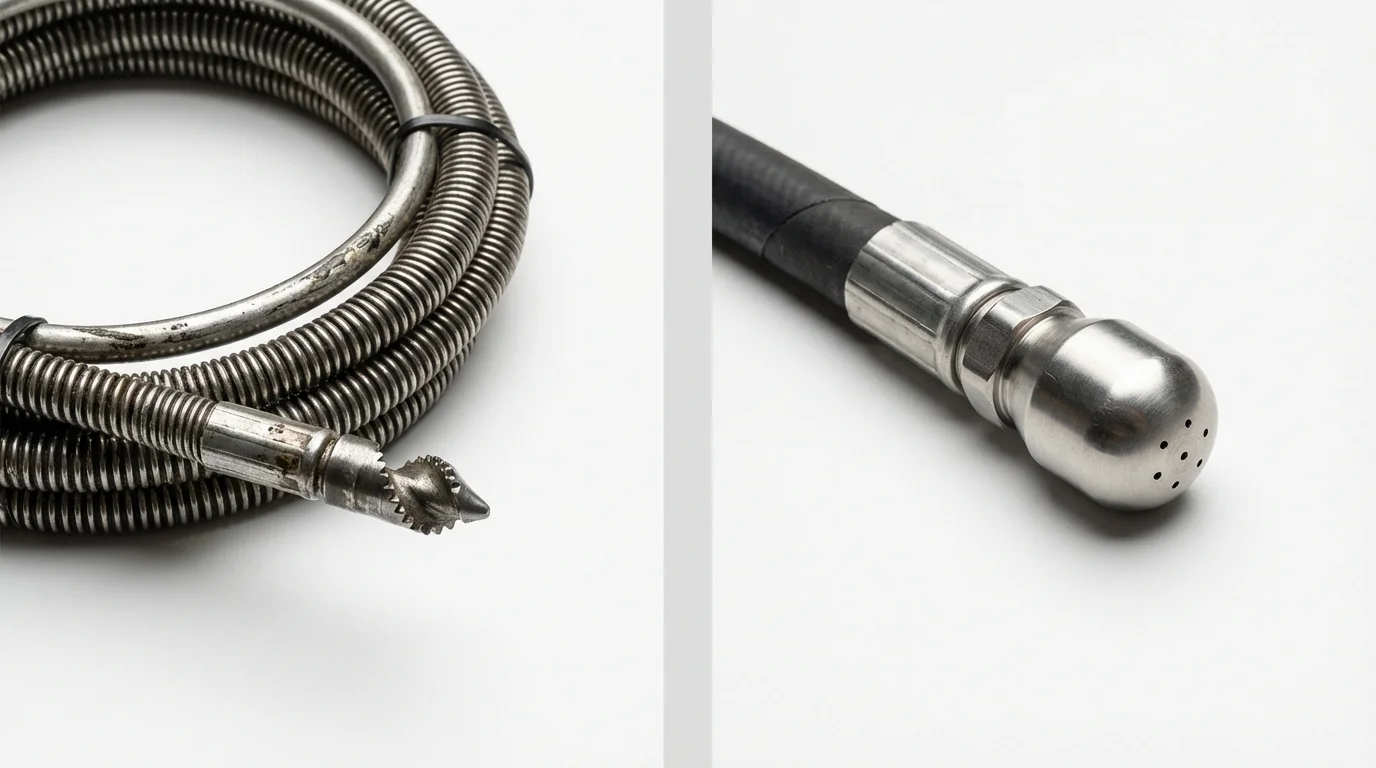 Drain snake cable and hydro jetting nozzle used for drain cleaning in Bonita, CA