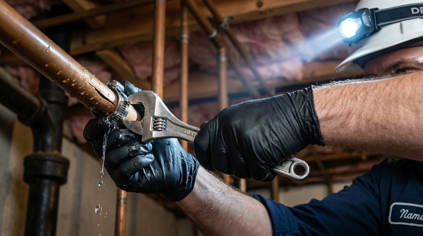 Emergency pipe clamp repair being performed by a Johns Plumbing LLC plumber in Bonita